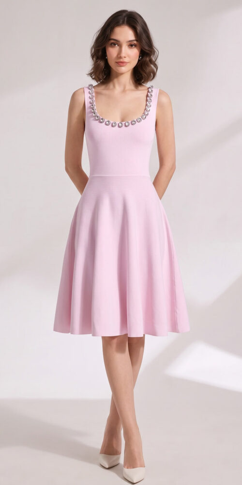 LIGHT PINK FIT-AND-FLARE KNIT DRESS FOR WEDDINGS