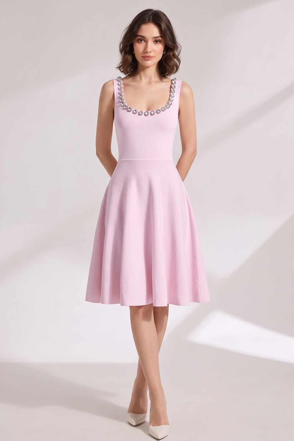dc4375714611757c LIGHT PINK FIT-AND-FLARE KNIT DRESS FOR WEDDINGS