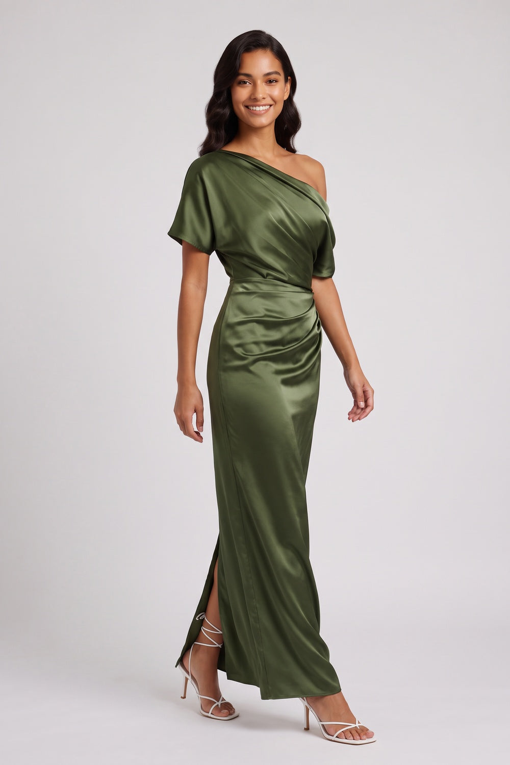 OLIVE SATIN COLUMN DRESS – FORMAL EVENING
