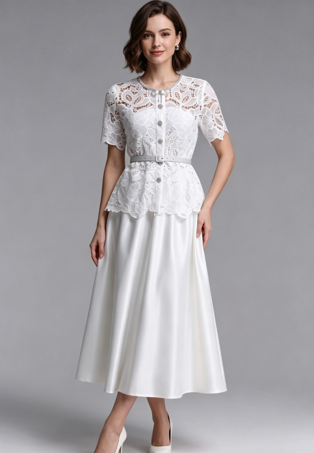 WHITE LACE A-LINE TWO-PIECE MIDI DRESS