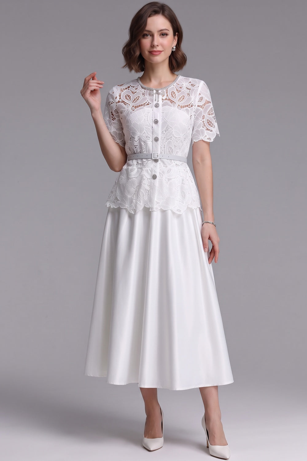 WHITE LACE A-LINE TWO-PIECE MIDI DRESS