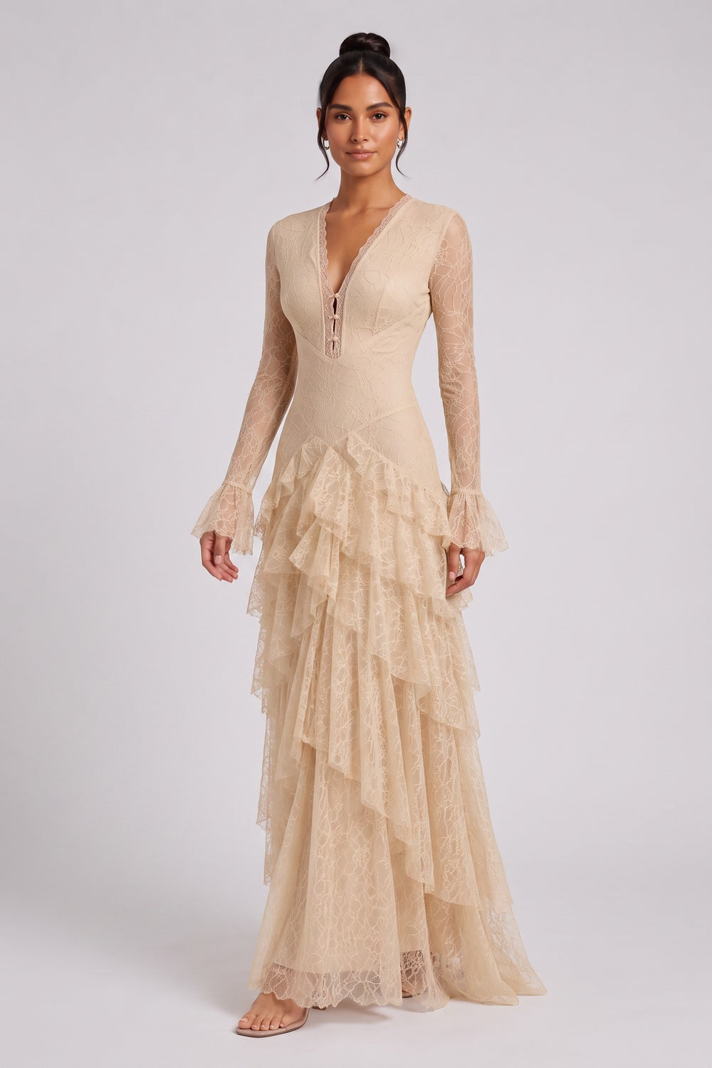 decc6ef1ffd20626 BEIGE FLORAL LACE FIT-AND-FLARE GOWN – FORMAL