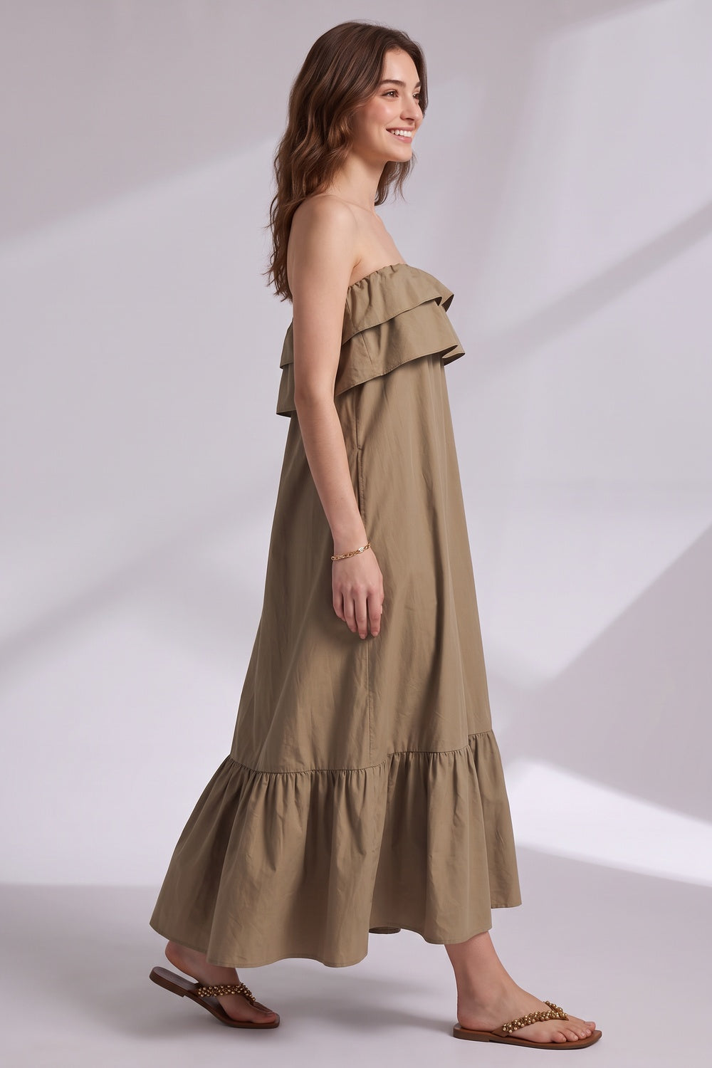df75734176af4536 KHAKI BROWN COTTON A-LINE TENT DRESS CASUAL
