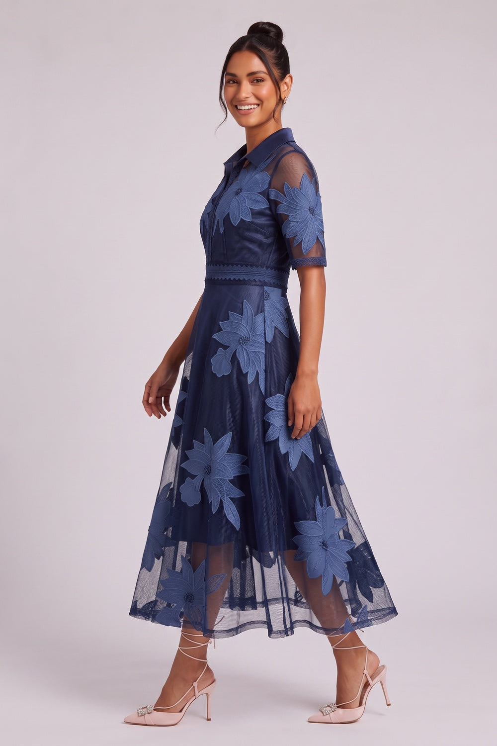 dfef5f0969dcd870 NAVY ORGANZA A-LINE MIDI DRESS – FLORAL EMBROIDERY