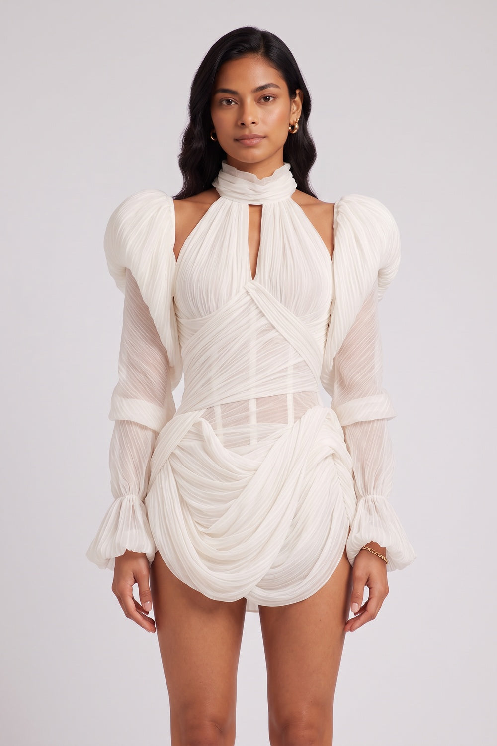 e0c63026d67212fc IVORY SHEER CHIFFON BODYCON MINI DRESS WITH DRAPED SLEEVES