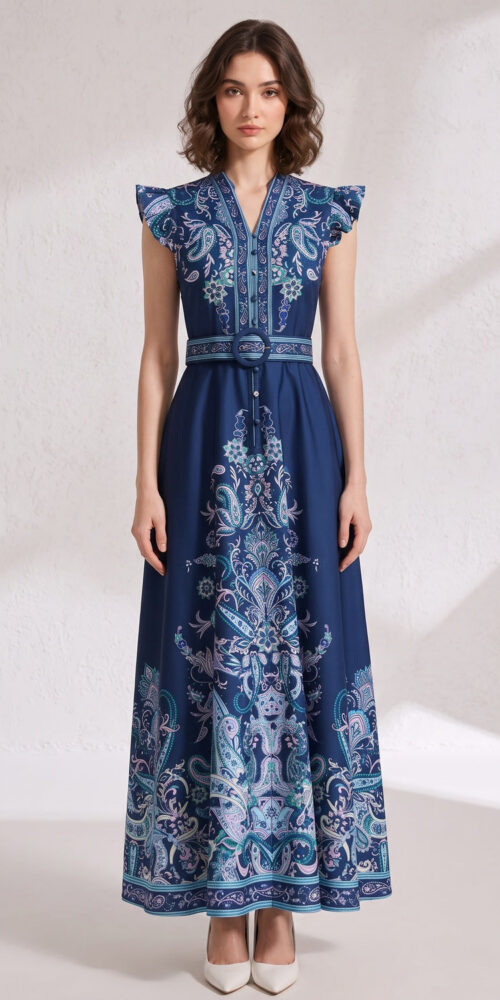 NAVY FIT-AND-FLARE MAXI DRESS – WEDDING GUEST
