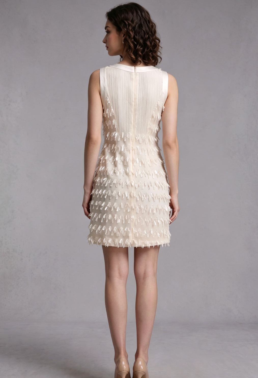 e1ae5b00bacd41afe84e6e1734c52e49 CREAM TEXTURED SHIFT DRESS WITH FRINGE TRIM