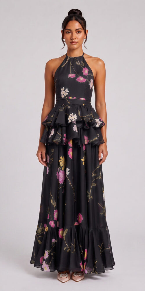 e1f2d0a08d0356e1 BLACK CHIFFON A-LINE TIERED GOWN FOR FORMAL EVENING