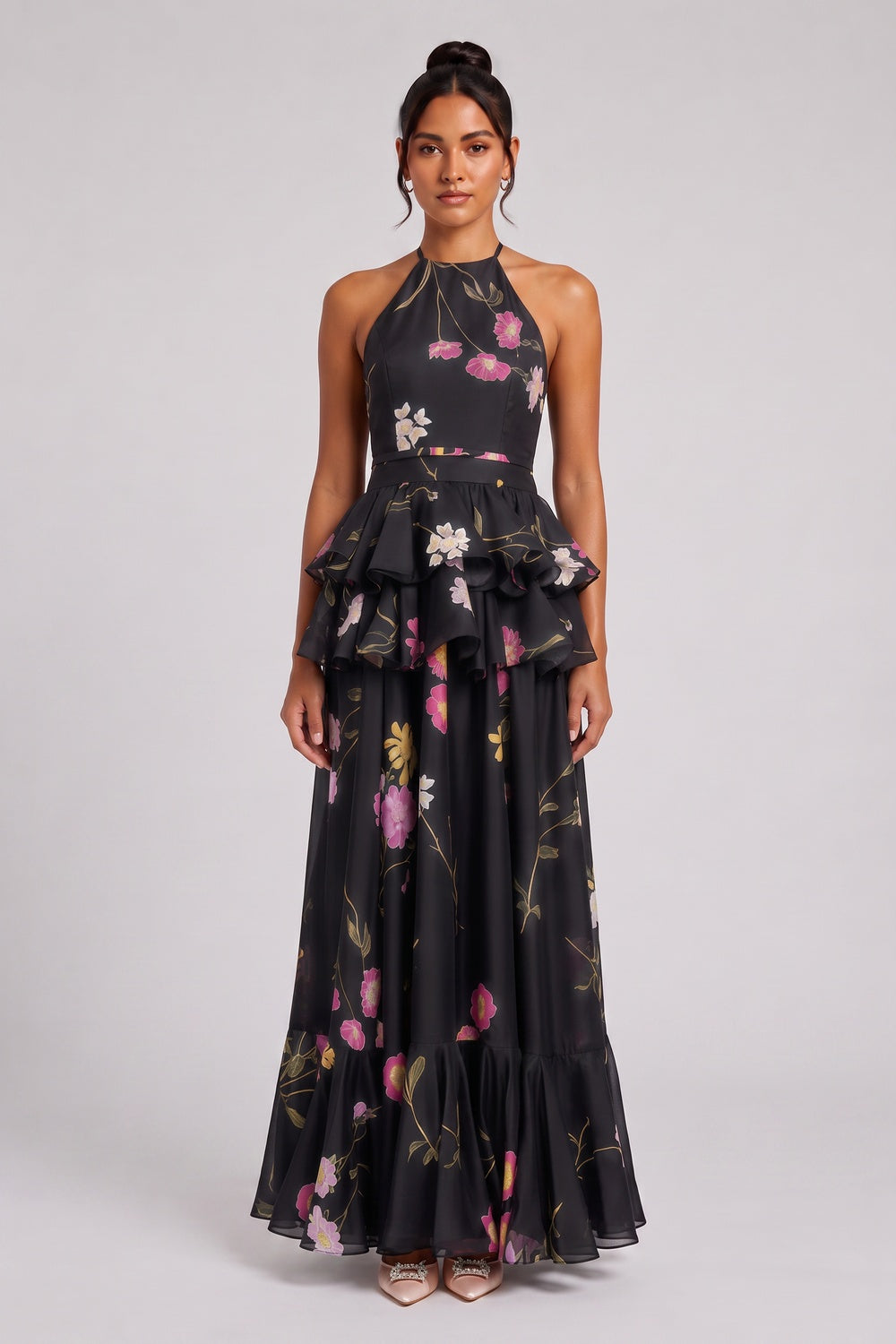 e1f2d0a08d0356e1 BLACK CHIFFON A-LINE TIERED GOWN FOR FORMAL EVENING