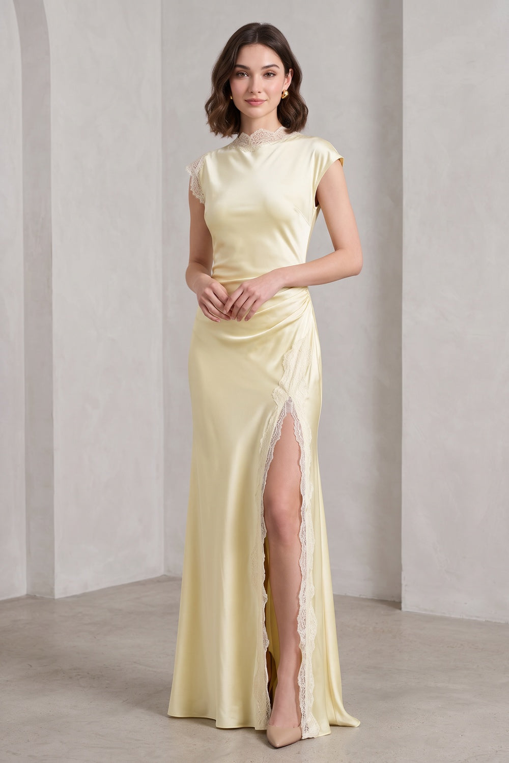 e303a25698995103 PALE YELLOW SATIN COLUMN GOWN LACE FORMAL