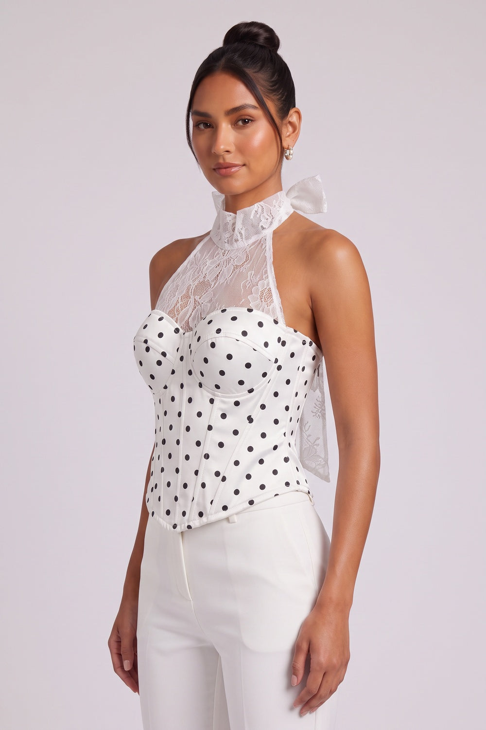 e36463d87fc46ffb WHITE POLKA DOT LACE HALTER CORSET TOP