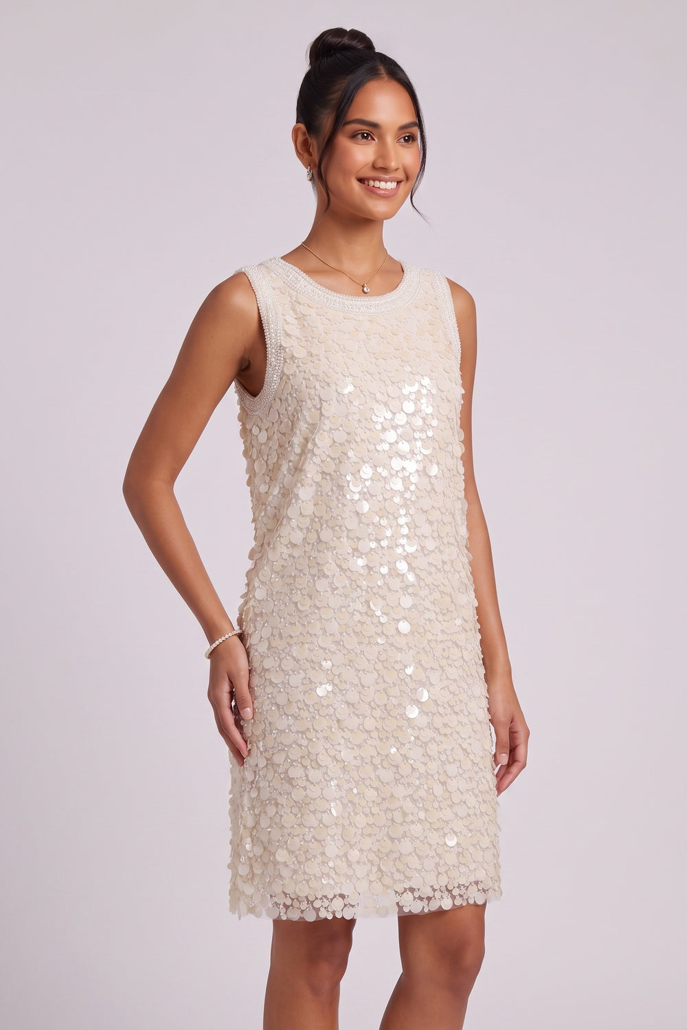 e3d7dcf72c0d3eaf CREAM SEQUIN MESH SHIFT DRESS – PARTY COCKTAIL