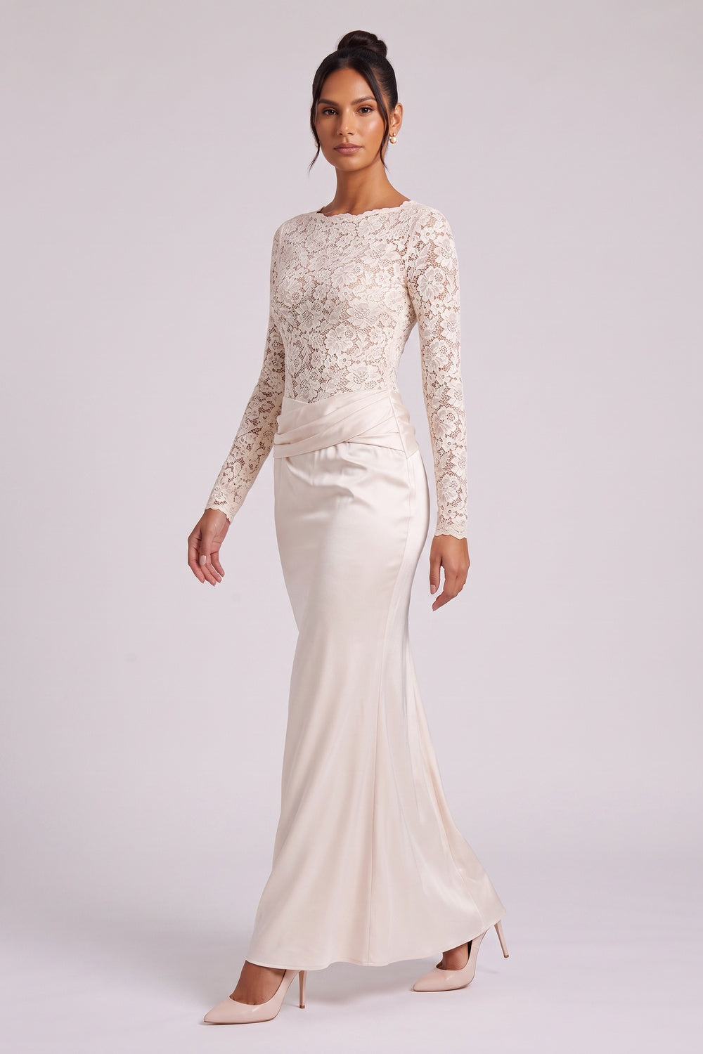 e41b520f384aa942 CREAM FLORAL LACE COLUMN GOWN | WEDDING