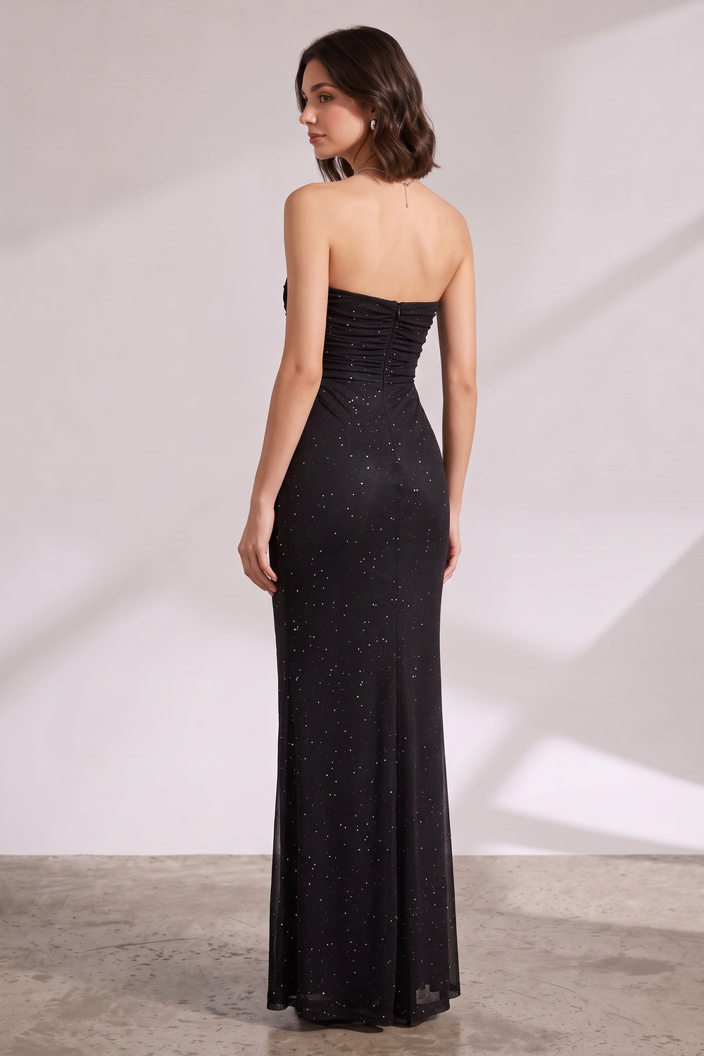 e431fa57ec2b6b7d BLACK MESH FITTED COLUMN GOWN FORMAL EVENING