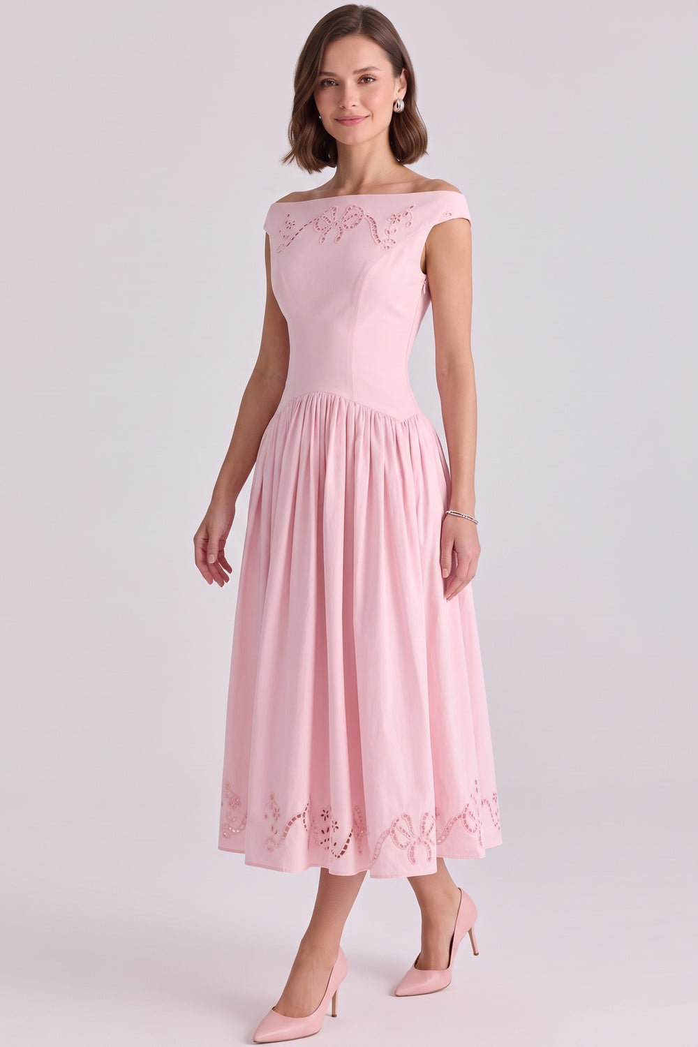 e4e9cb7d0257fe1e LIGHT PINK EYELET FIT-AND-FLARE MIDI DRESS