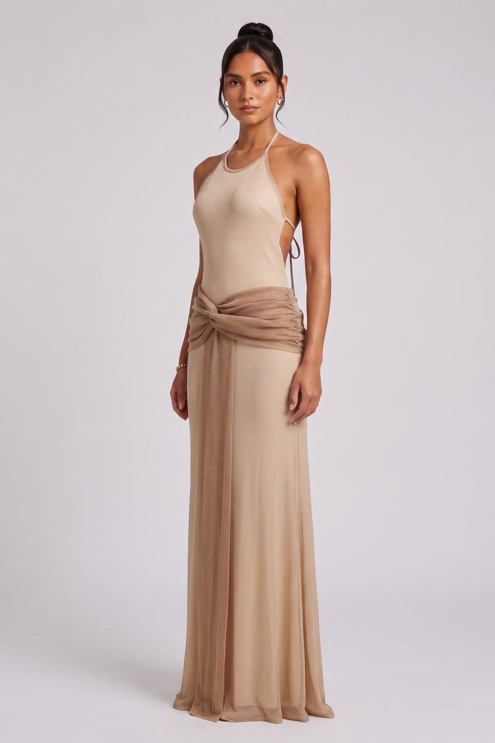 e5d2954ac8f7e900 BEIGE STRETCH KNIT COLUMN EVENING GOWN