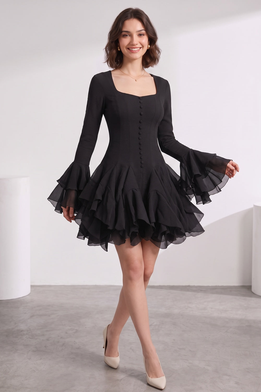 e602f2860da21b66 BLACK CREPE FIT-AND-FLARE COCKTAIL DRESS