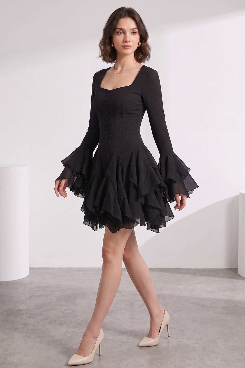 e66ff8733083e31f BLACK CREPE FIT-AND-FLARE COCKTAIL DRESS