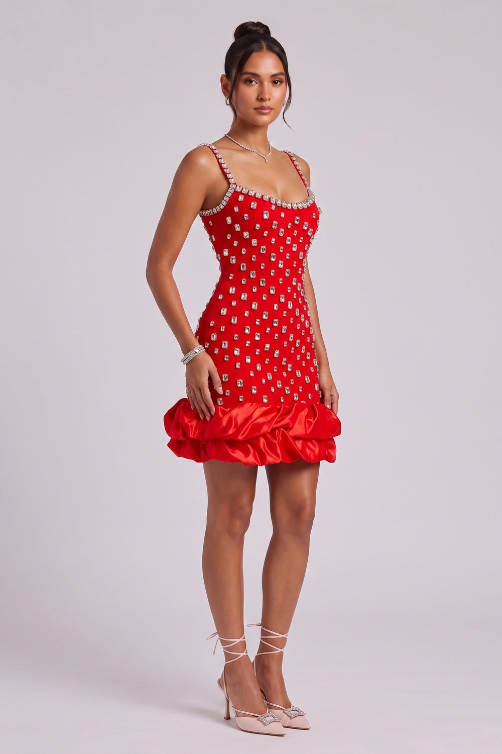 RED CREPE BODYCON BUBBLE HEM COCKTAIL DRESS