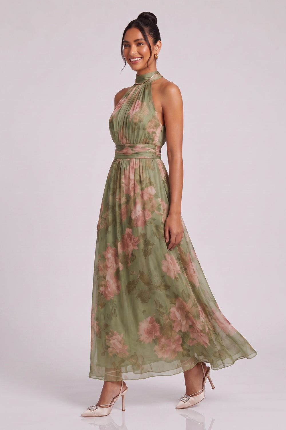 OLIVE GREEN CHIFFON A-LINE DRESS – WEDDING GUEST