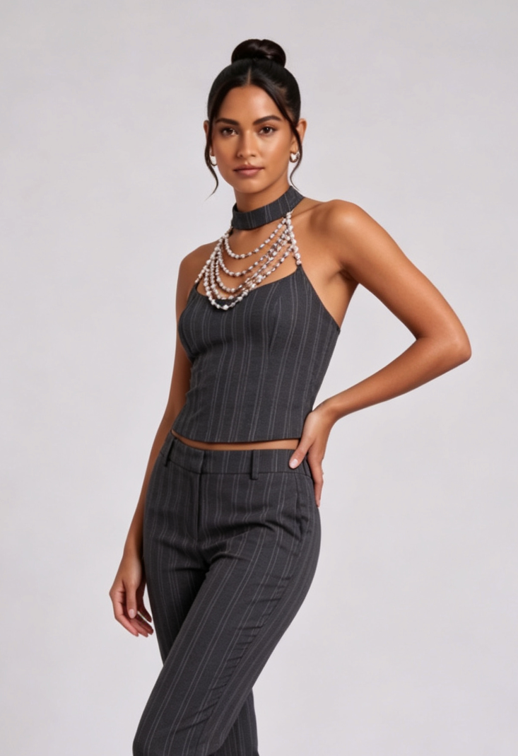 DARK GREY PINSTRIPE HALTER CORSET TOP - PARTY
