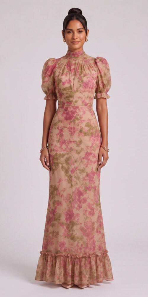 BEIGE FLORAL CHIFFON MERMAID DRESS | PUFF SLEEVE WEDDING GUEST