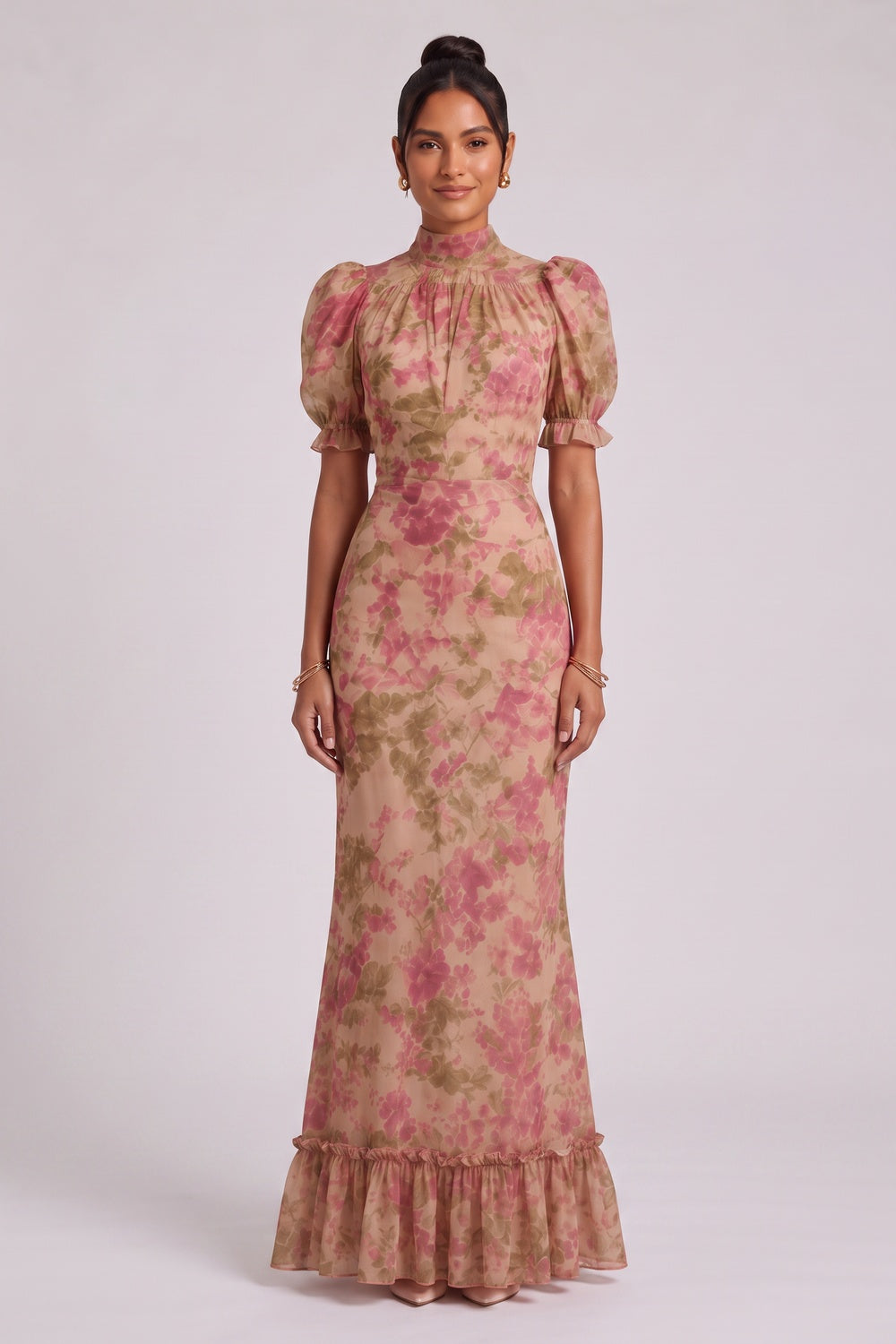 e8bcae86b0152485 BEIGE FLORAL CHIFFON MERMAID DRESS | PUFF SLEEVE WEDDING GUEST