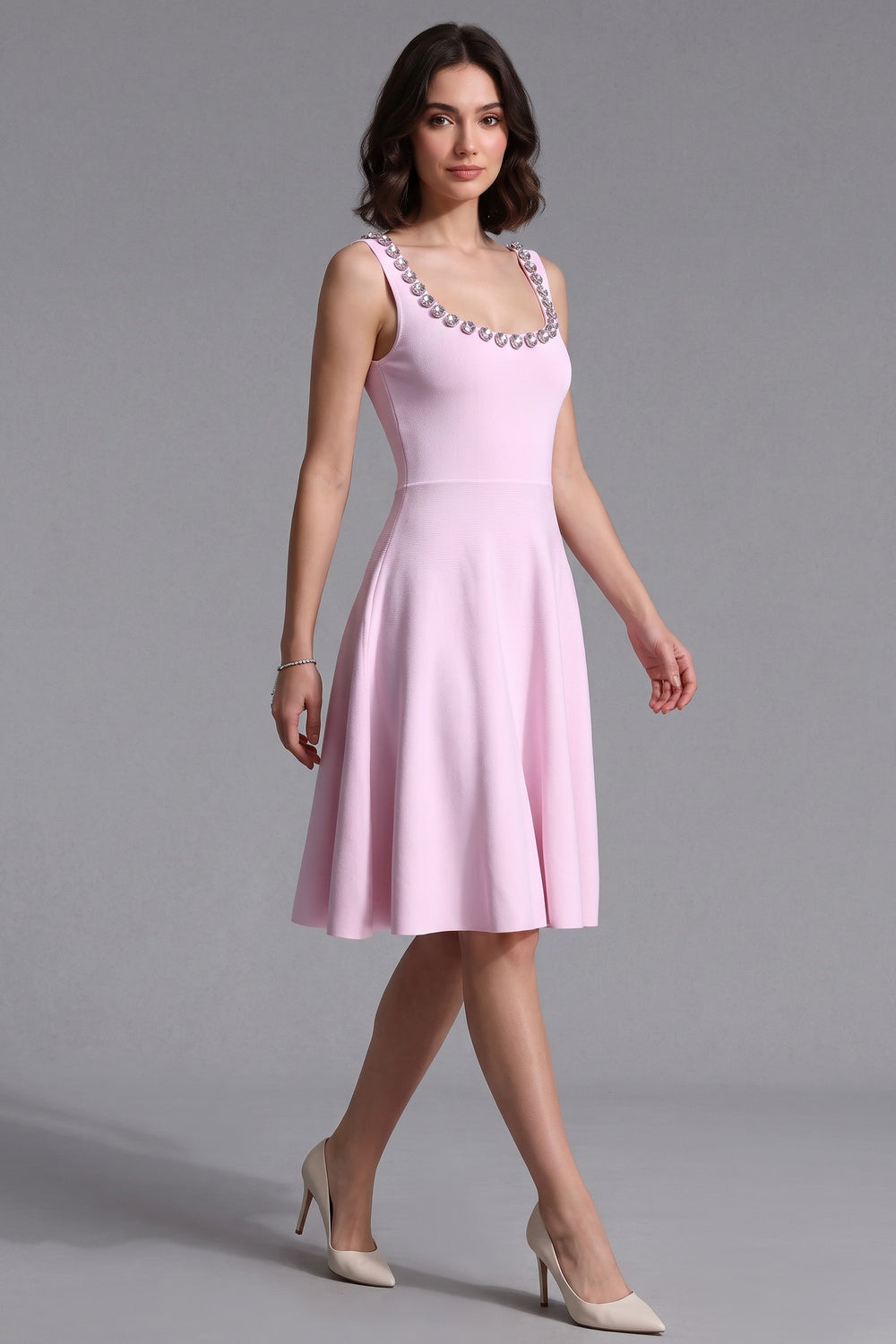 e91c738ba1dca489 LIGHT PINK FIT-AND-FLARE KNIT DRESS FOR WEDDINGS