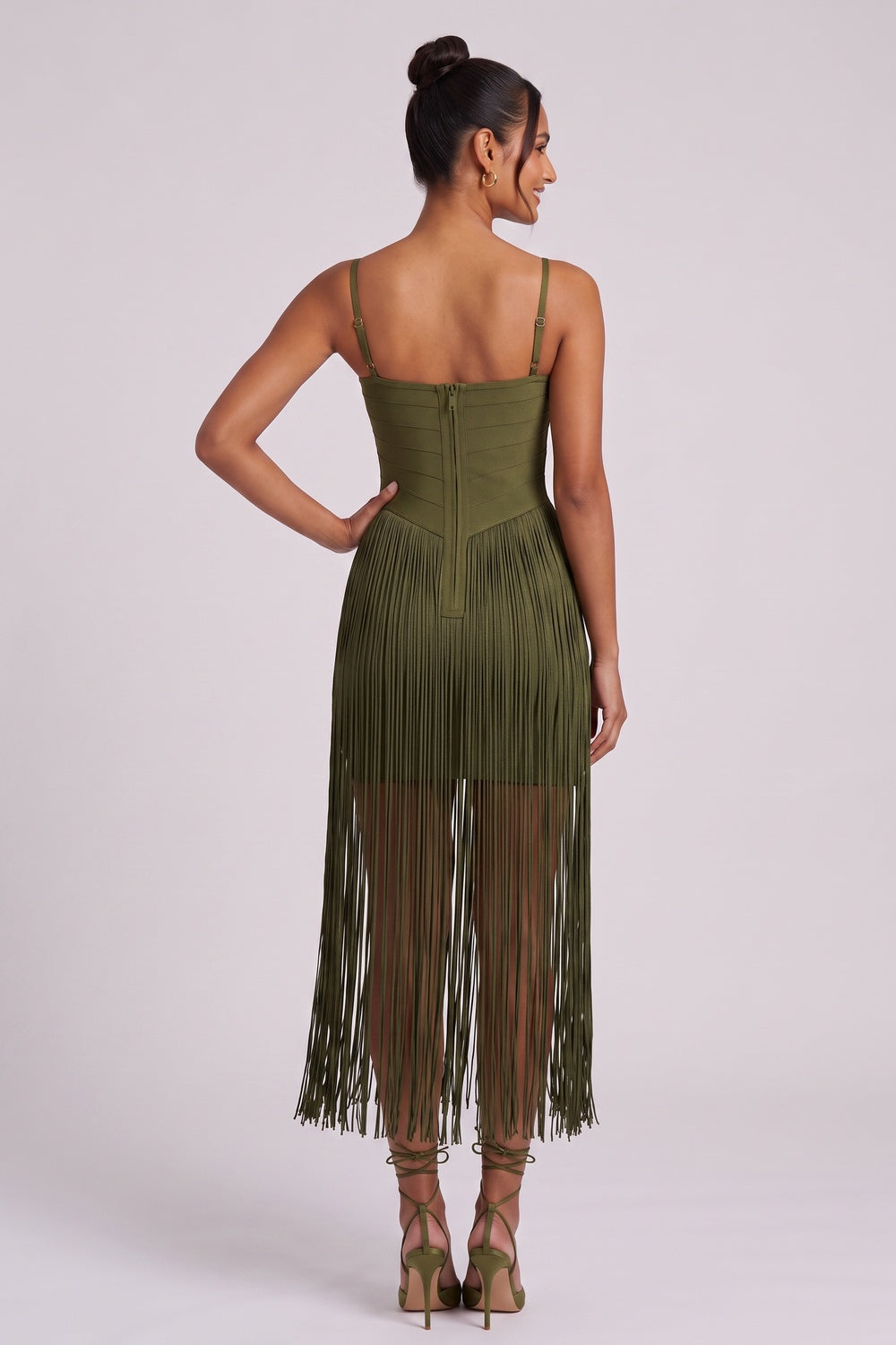 eaf438c17419bdb5 OLIVE STRETCH KNIT FRINGE BODYCON DRESS