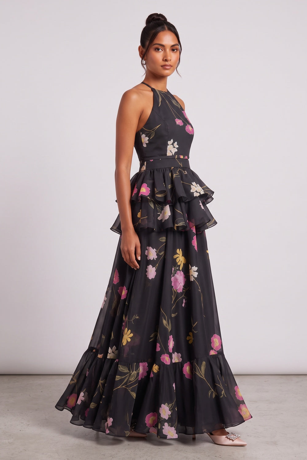 eb394e975b9be6e3 BLACK CHIFFON A-LINE TIERED GOWN FOR FORMAL EVENING