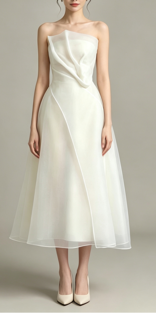 STRAPLESS ORGANZA MIDI DRESS – WHITE PROM & WEDDING
