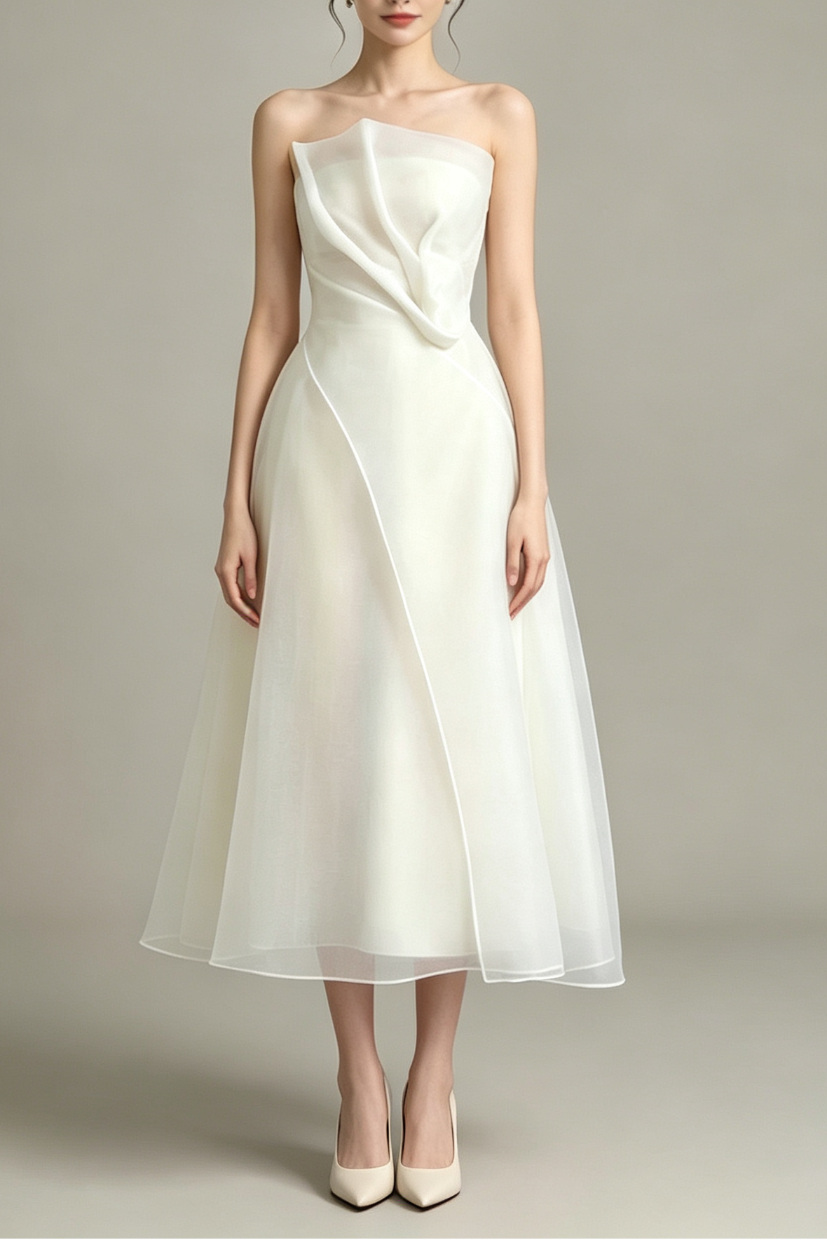 STRAPLESS ORGANZA MIDI DRESS – WHITE PROM & WEDDING