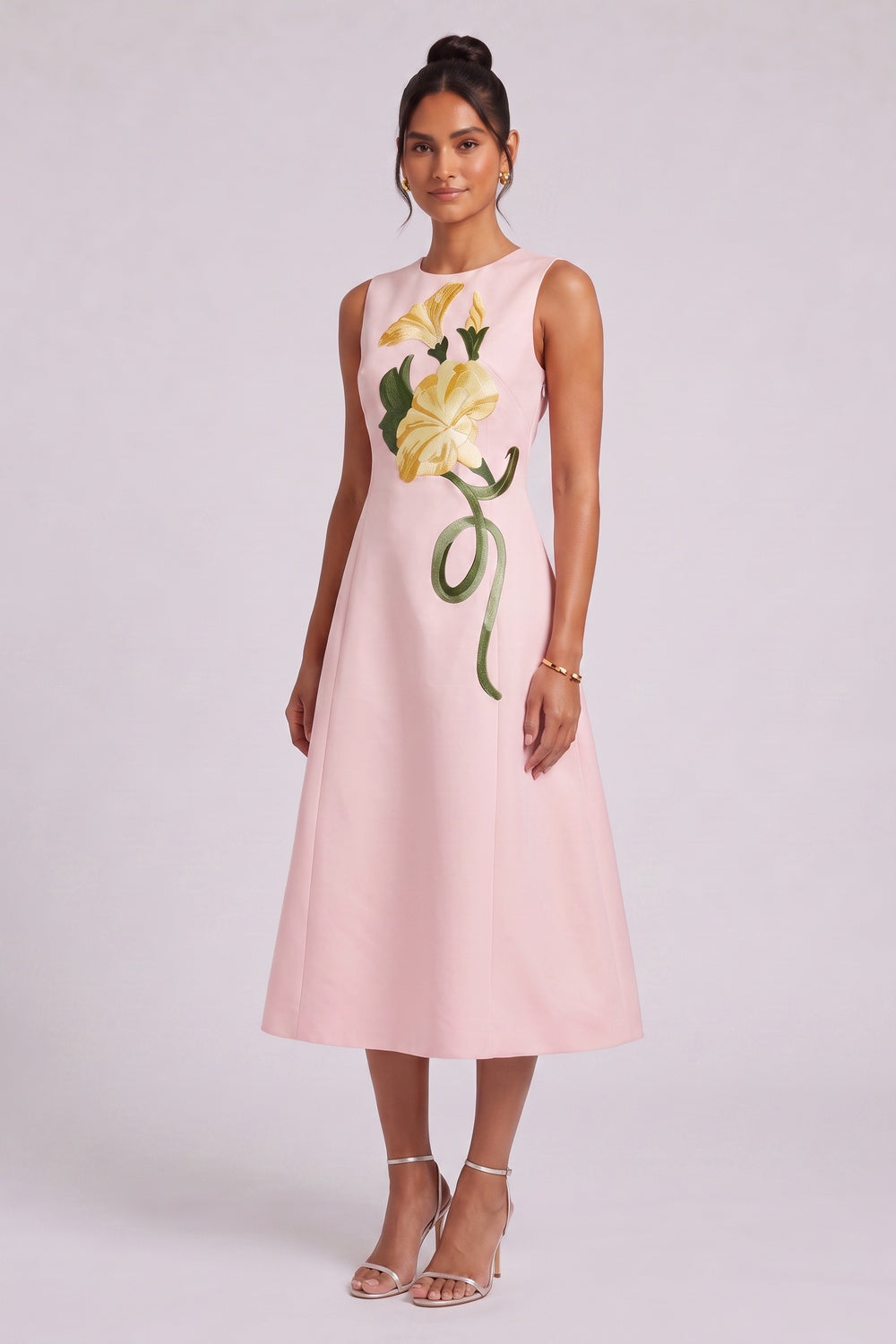 ec19b913bc447641 PALE PINK A-LINE MIDI DRESS | FLORAL WEDDING GUEST