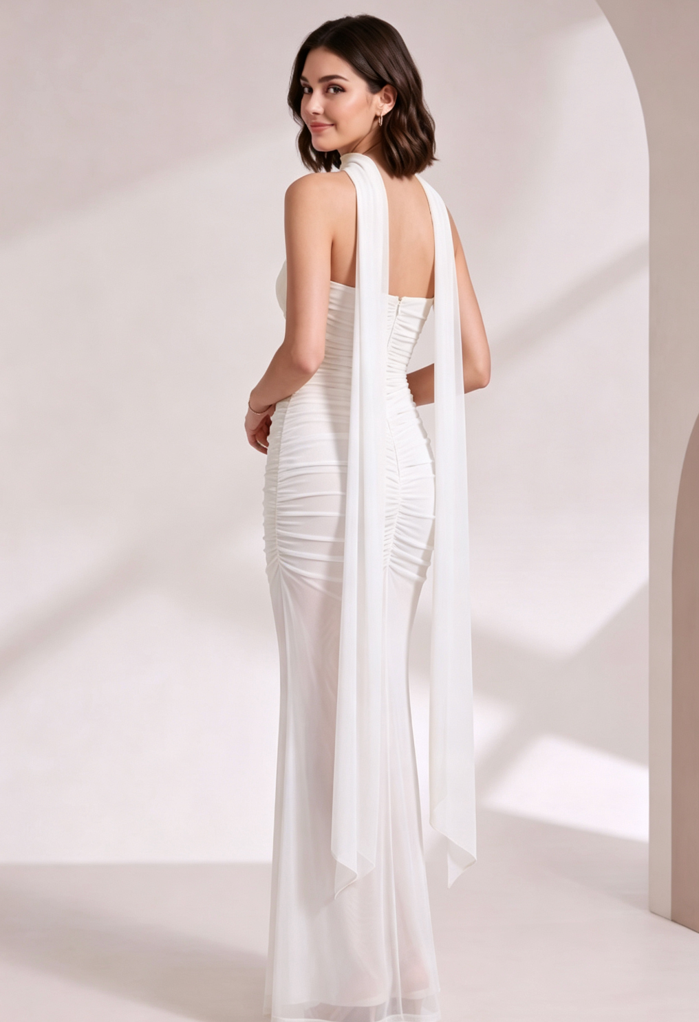ec27554e559158746813133e1e6789fd WHITE RUCHED MESH COLUMN EVENING GOWN