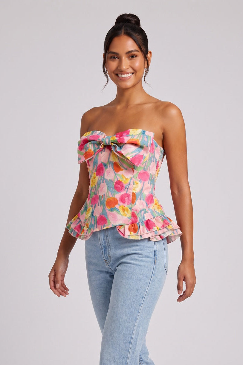 ec8f8f88b950ff88 PINK FLORAL STRAPLESS CORSET PEPLUM TOP