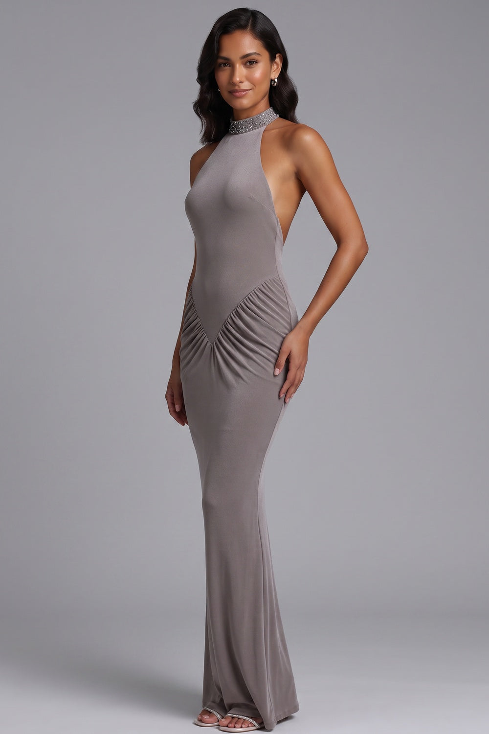 ef1c216fec4c72d9 TAUPE STRETCH JERSEY COLUMN EVENING GOWN
