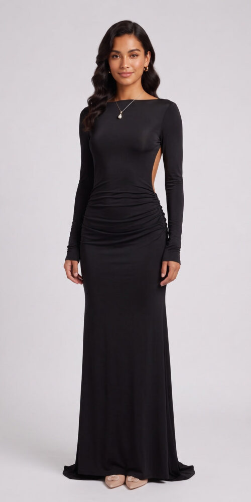 efa8219e06ca6986 BLACK STRETCH JERSEY COLUMN GOWN – FORMAL EVENING