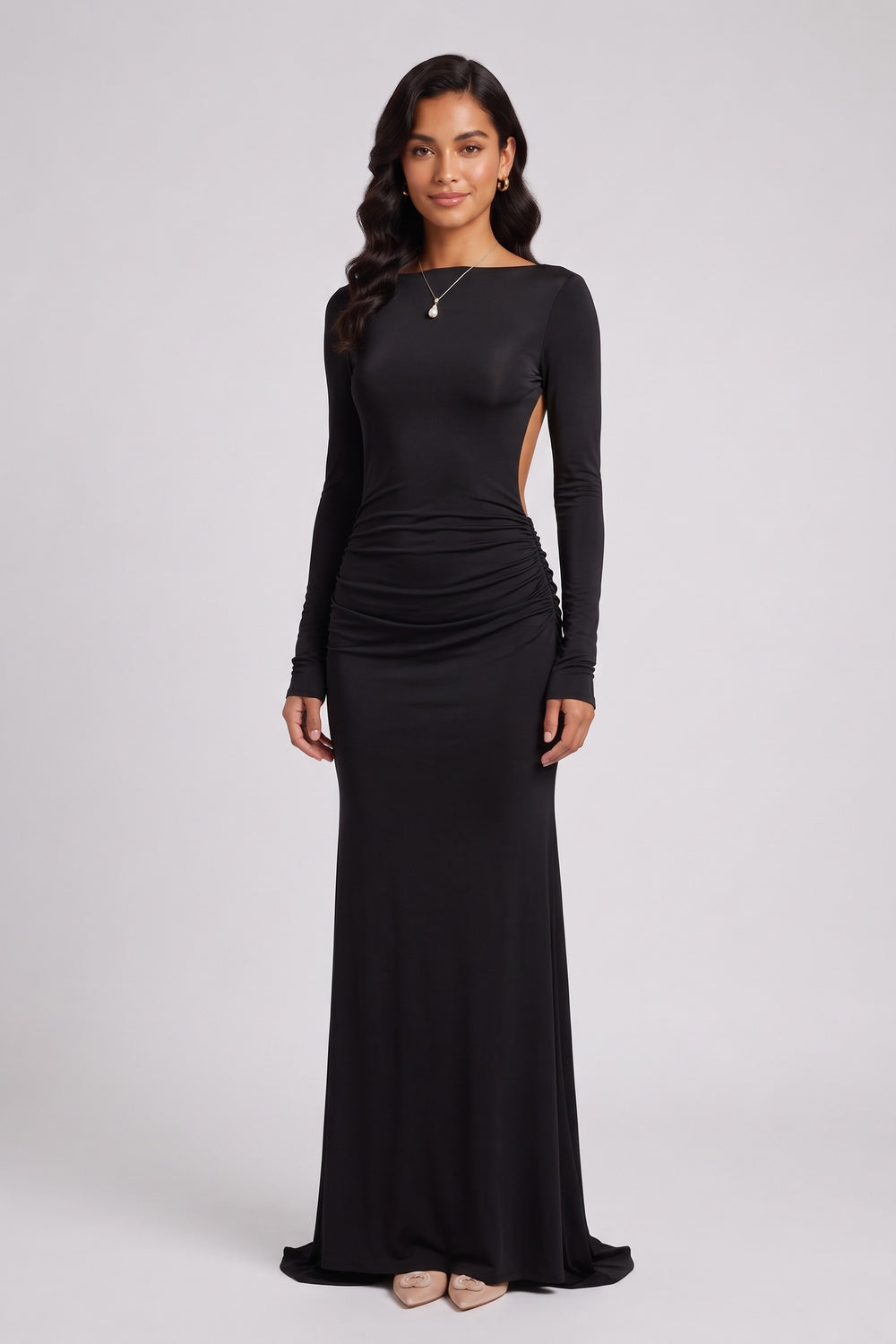efa8219e06ca6986 BLACK STRETCH JERSEY COLUMN GOWN – FORMAL EVENING