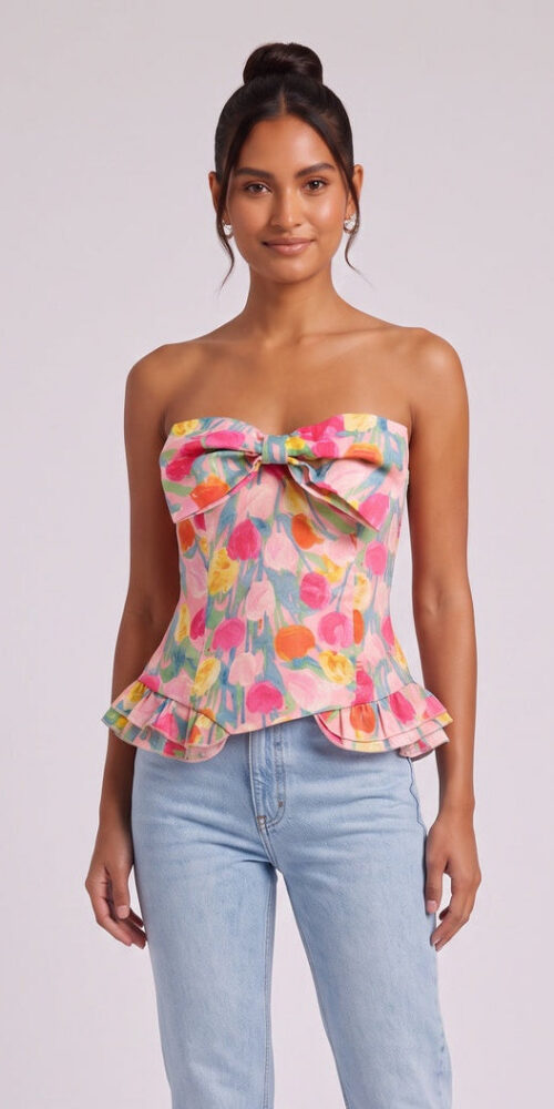 PINK FLORAL STRAPLESS CORSET PEPLUM TOP