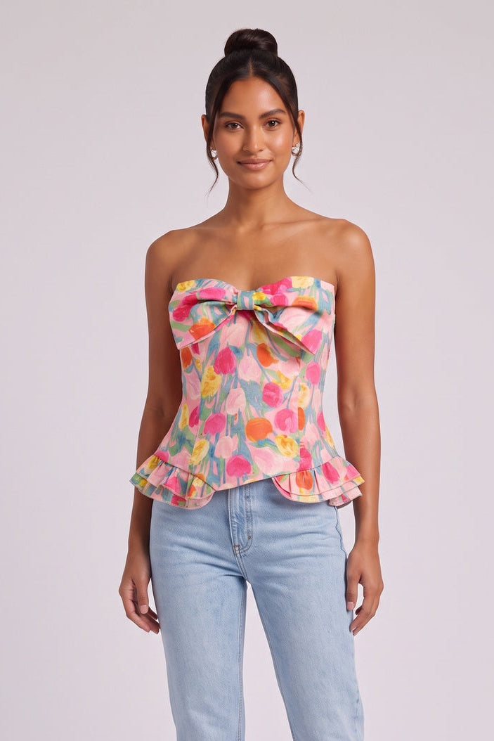 f07e2cd98847ce22 PINK FLORAL STRAPLESS CORSET PEPLUM TOP