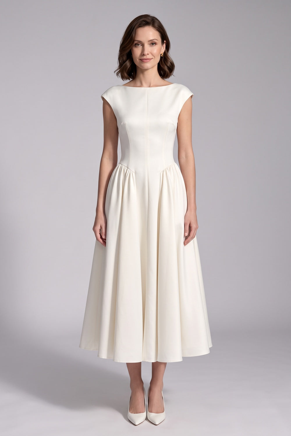 f153bf63d2807b50 IVORY SATIN FIT-AND-FLARE MIDI DRESS – WEDDING GUEST