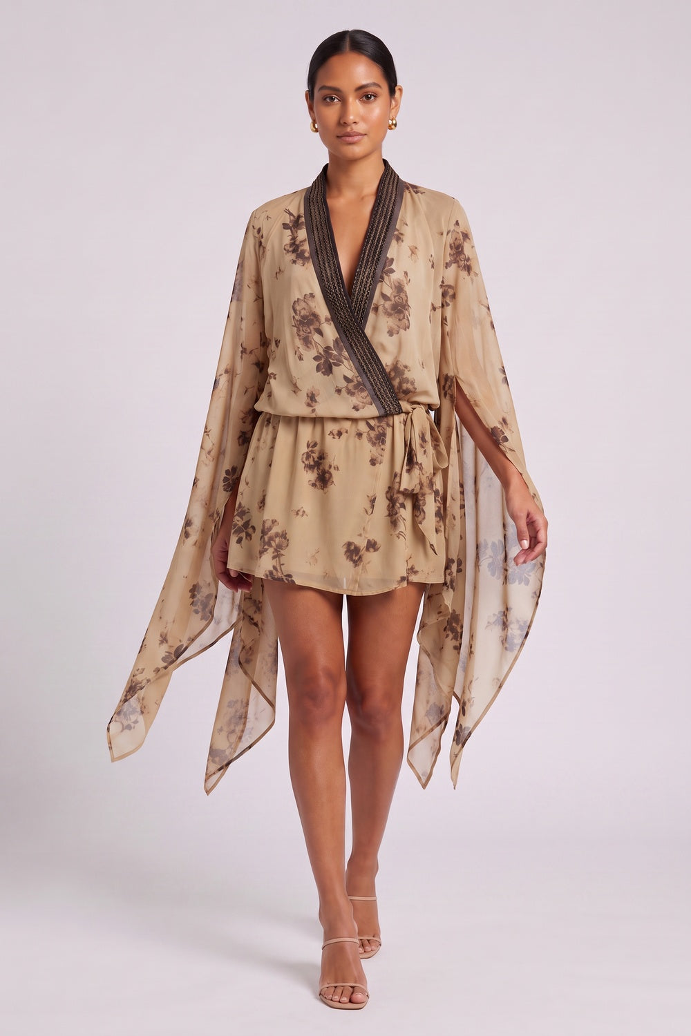 f318ed416fc226ae BEIGE CHIFFON CAPE-SLEEVE WRAP MINI DRESS