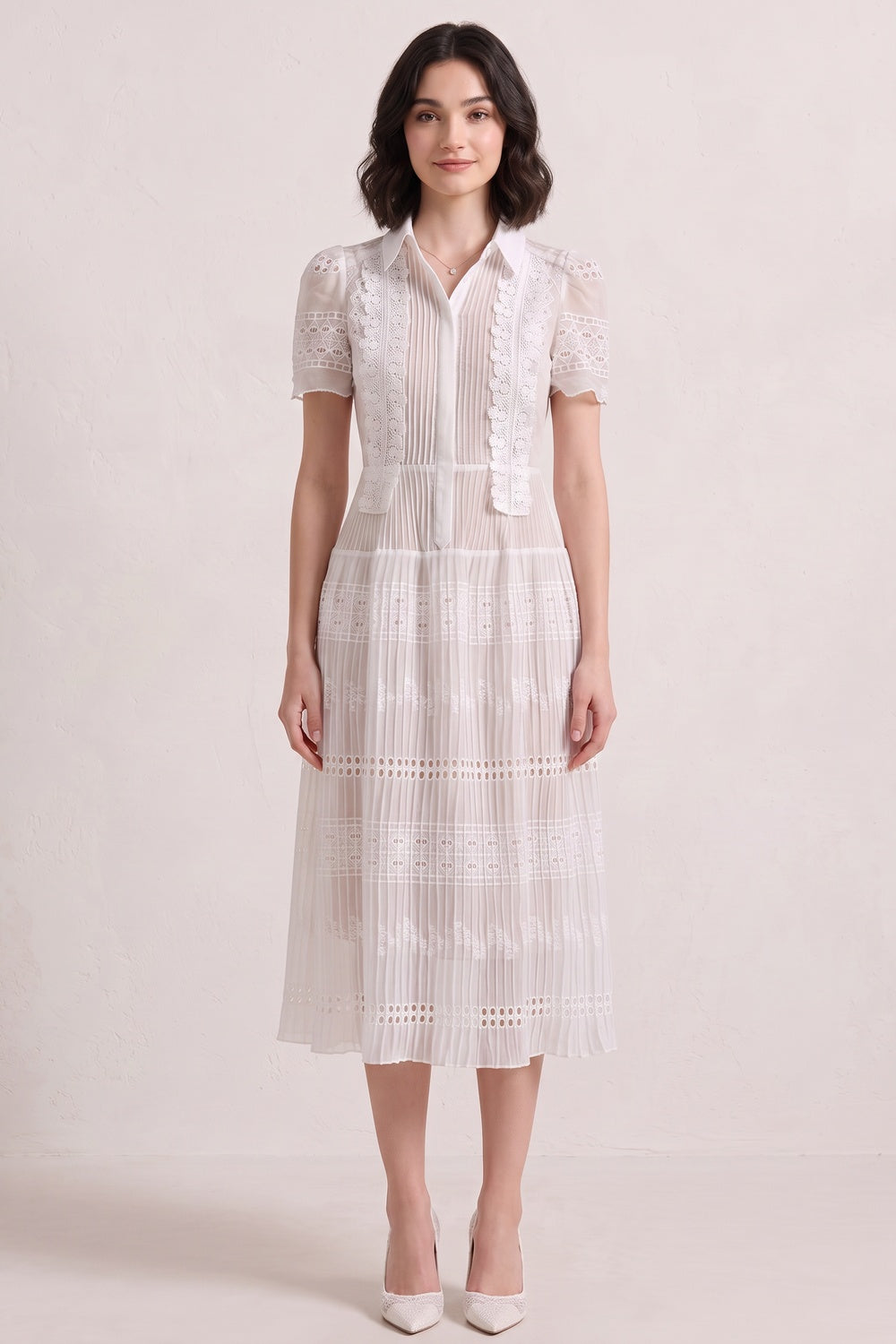 f3c7ba0544187f85 WHITE PLEATED LACE MIDI DRESS – WEDDING GUEST