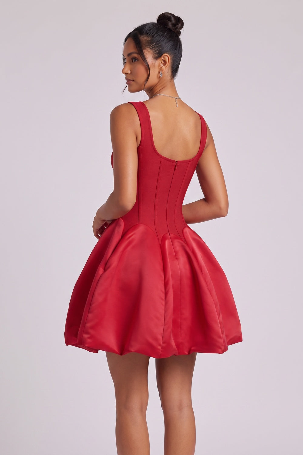 f3de9e1819fe508e RED SATIN FIT-AND-FLARE MINI DRESS