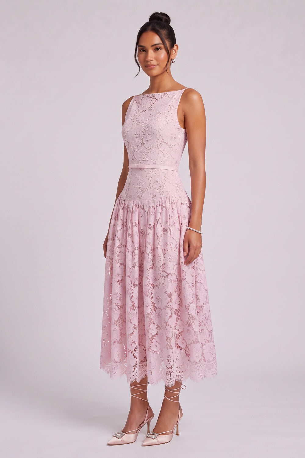 f3e596fac3fc9876 LIGHT PINK FLORAL LACE A-LINE MIDI DRESS