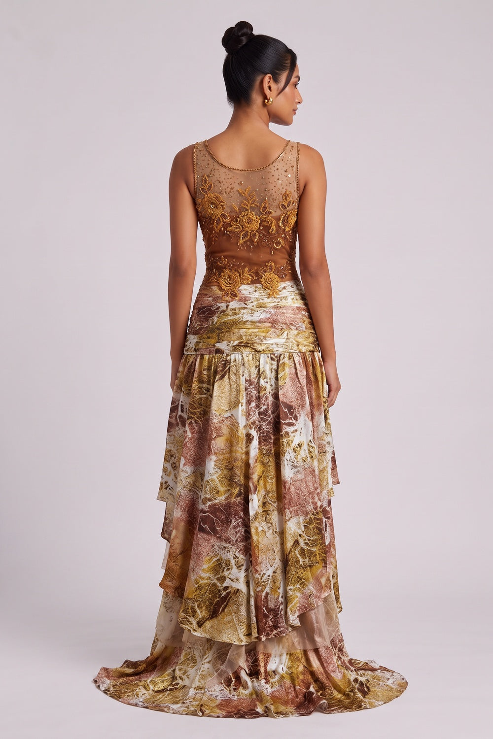 f42faedd2ffdaa7c BROWN SILK ASYMMETRIC TIERED MAXI GOWN DRESS