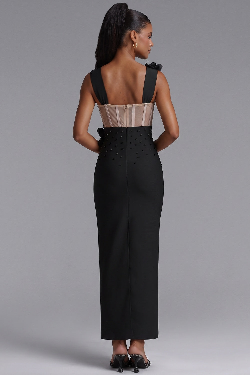 f4e3b30b66dee431 BLACK CREPE COLUMN EVENING GOWN BEADED FORMAL DRESS
