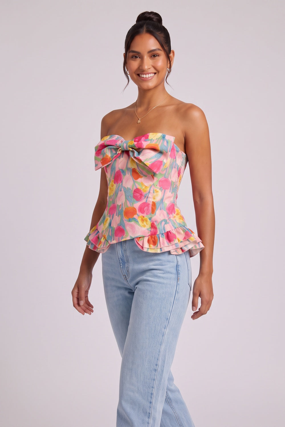 f553cfdc8aa33925 PINK FLORAL STRAPLESS CORSET PEPLUM TOP