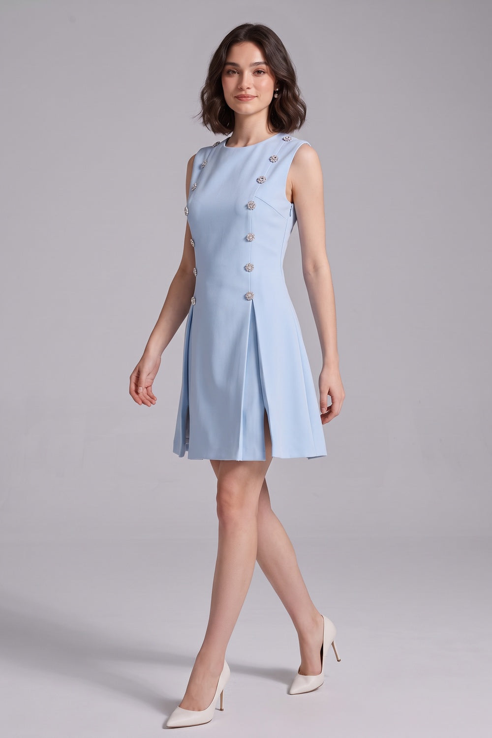 f5ac0ef21194fac9 LIGHT BLUE A-LINE SHIFT DRESS – STRUCTURED CREPE