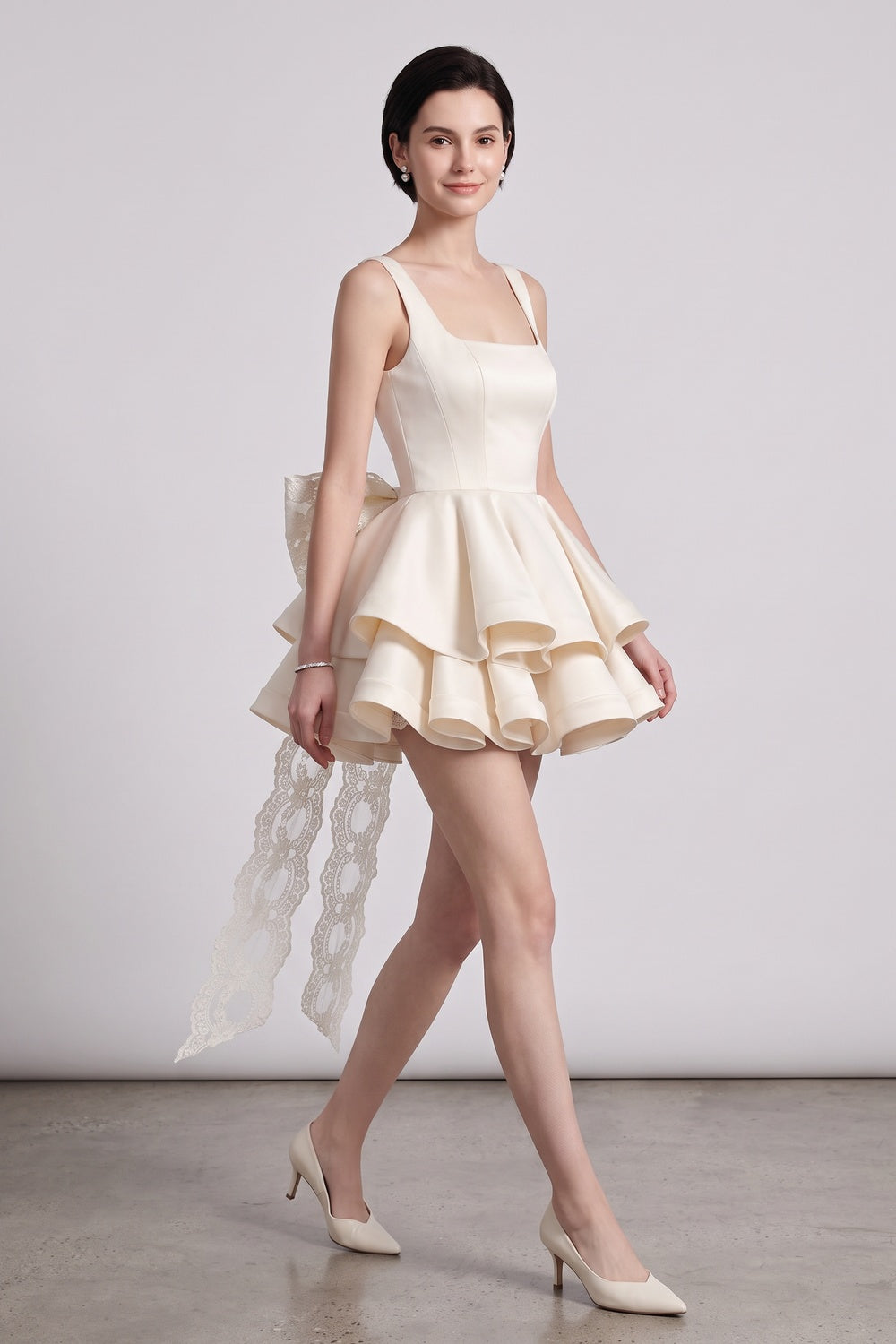 CREAM SATIN FIT-AND-FLARE MINI DRESS – RUFFLE PARTY